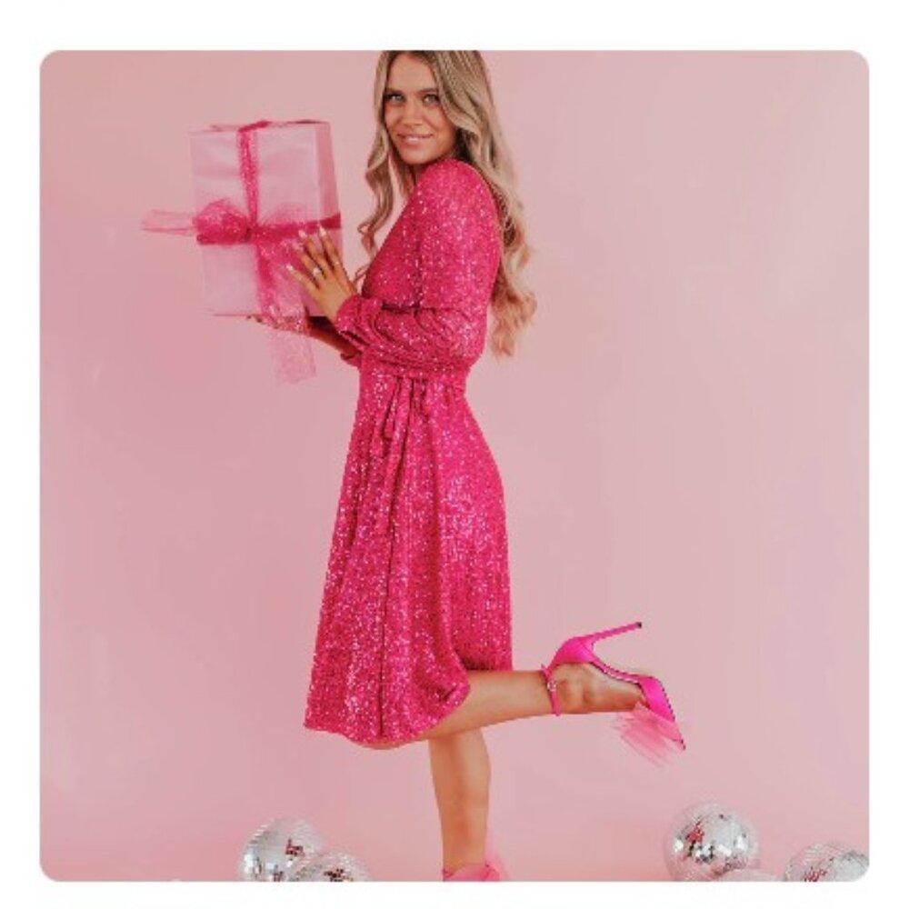 PINK DESERT SPARKLY SEQUIN WRAP DRESS HOT PINK Size L